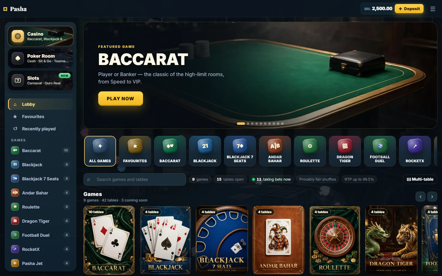 Game lobby opened from a client casino